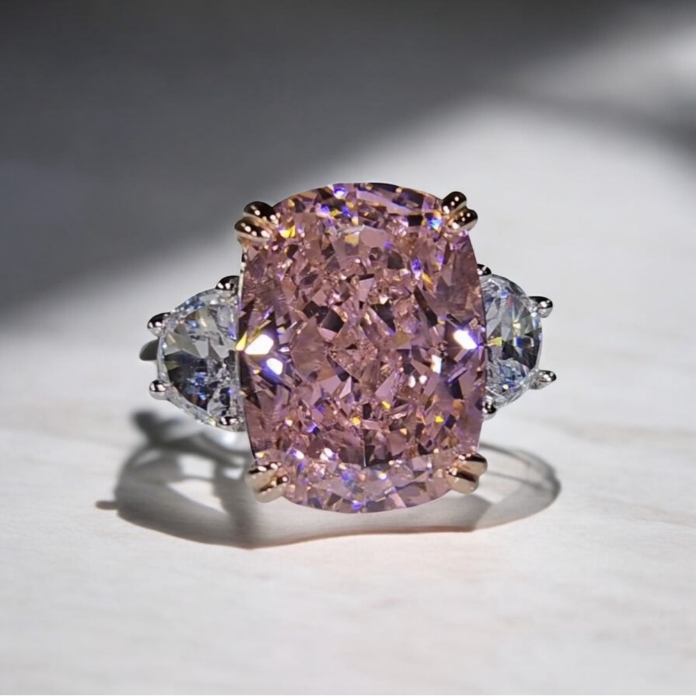 Sophisticated Pink and Silver Cocktail Ring with Three-Stone Design adjustable
